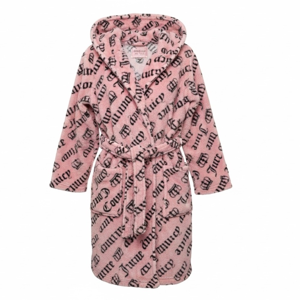 Juicy Couture Pink Hooded Robe S/M Gothic Logo Plush Fleece Bathrobe Soft Fuzzy